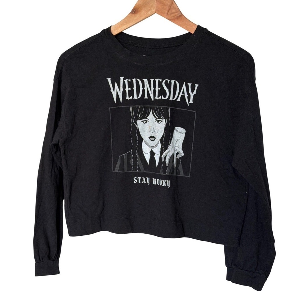 Old Navy Wednesday Addams Shirt Kids XL Black Stay Kooky Cropped Long Sleeve - Picture 2 of 5